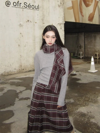 maoxiangshop  -  Retro Grey Set Women'S Autumn/Winter New Collection Stacked Collar Knitted Top With Checkered Half Skirt Two Piece Set