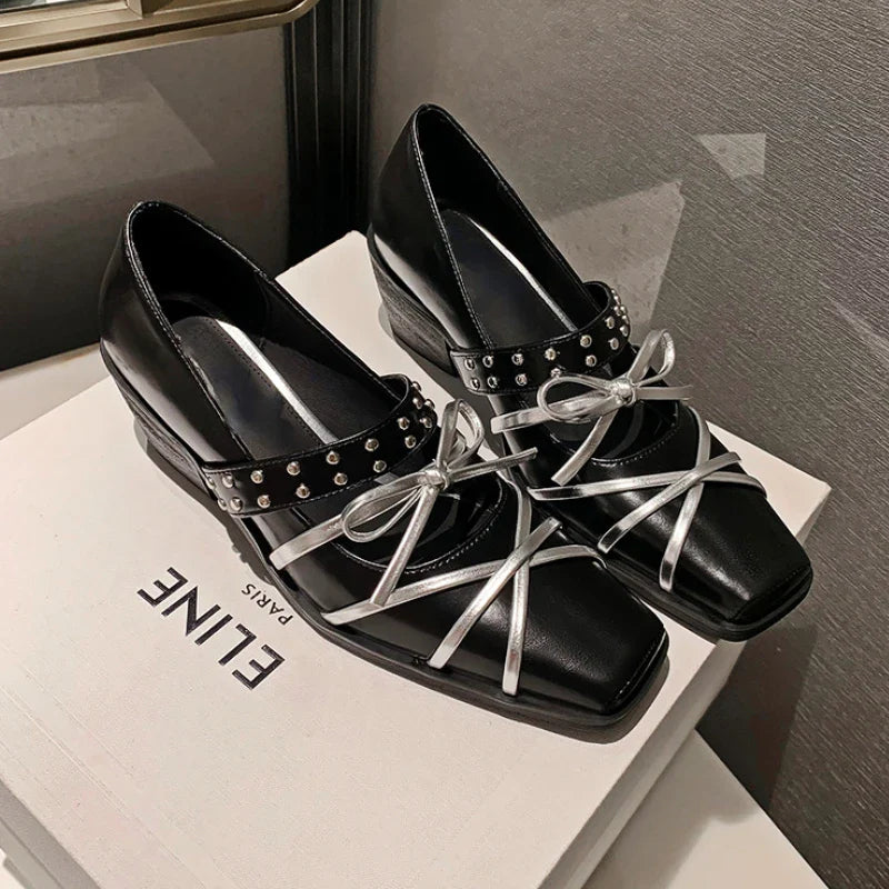 maoxiangshop  -  Rivet Platform Mary Jane Shoes Square Toe Pumps Women Winter 2024 New Cross Strap Bow Fashion Chunky Luxury Designer Shoes Women