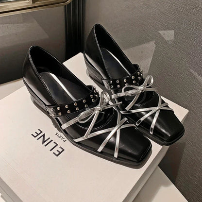 maoxiangshop  -  Rivet Platform Mary Jane Shoes Square Toe Pumps Women Winter 2024 New Cross Strap Bow Fashion Chunky Luxury Designer Shoes Women