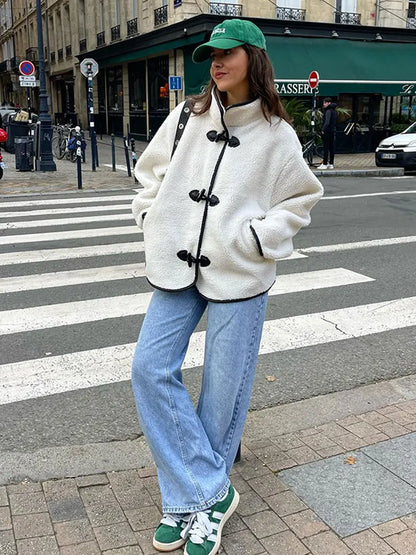 maoxiangshop -  Stand Collar Long Sleeve Quilted Jacket Women Loose Single Breasted Pockets Coat Autumn Winter Fashion Female Streetwear