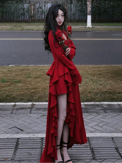 maoxiangshop Autumn Red Vintage Elegant Dress Women Flare Sleeve Designer Sweet Long Dress Female Ruffles Retro Princess Irregular Dress