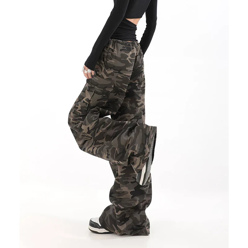 American Retro High Street Casual Overalls Camouflage Loose Wide Leg Pants For Women Y2k Hip-hop Cargo Grunge Baggy Trousers