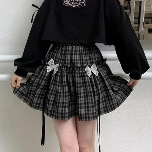 maoxiangshop Kawaii Gothic Lolita Plaid Skirt Women Goth Bow Black High Waist A-line Mini Skirts Japanese Style Harajuku Soft Girl