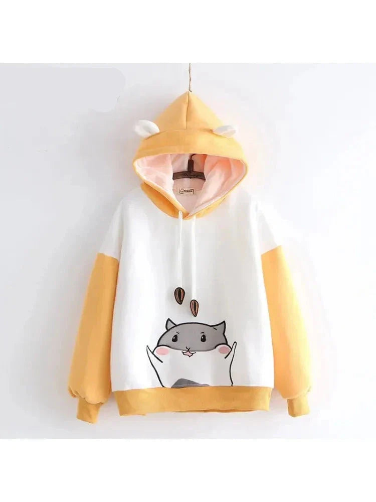 Women Cartoon Print With Ears On Hood Hoodies Sweatshirts 2020 Winter Long Sleeve Hooded Tracksuit Loose Pullovers