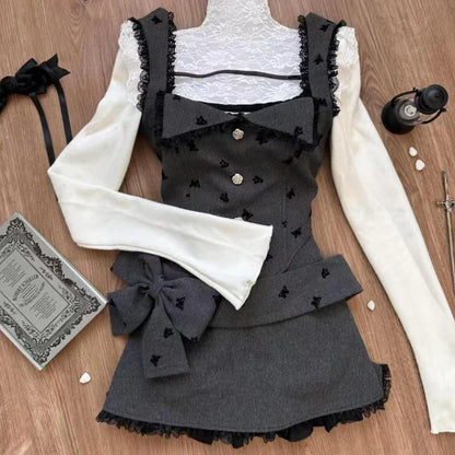 maoxiangshop  -  Sweet Cute White Ruffled Tops+Lace Edge Grey Vest+slimming High Waisted Skirt 3 Piece Set for Women Winter Japanese Skirt Suit