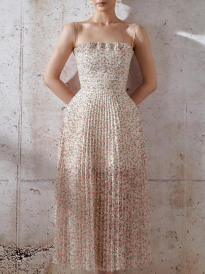 French Style Summer Vintage Floral Pleated Dress Women Spaghetti Strap High Waist Pleated Beach Dress