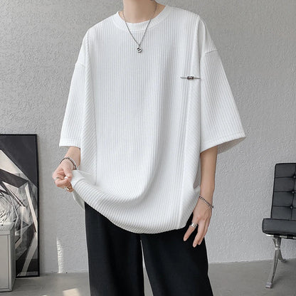 maoxiangshop Black/White/Green Pleated T Shirt For Men Summer Short Sleeve Plain T-Shirt Fashion Shirts Round Collar Sports Tops Tee