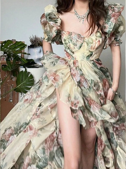 maoxiangshop Floral Print Evening Party Dress Women 2024 Spring OutfitsPuff Sleeve Elegant Princess Long Dres Ladies France Vintage Open Fork Dress Summer