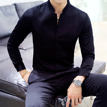 maoxiangshop Mens Long Sleeve Shirt High Quality Stand Collar Casual Slim Solid Color Summer Fashion Men's Clothing Shirt Oversized Size 5XL