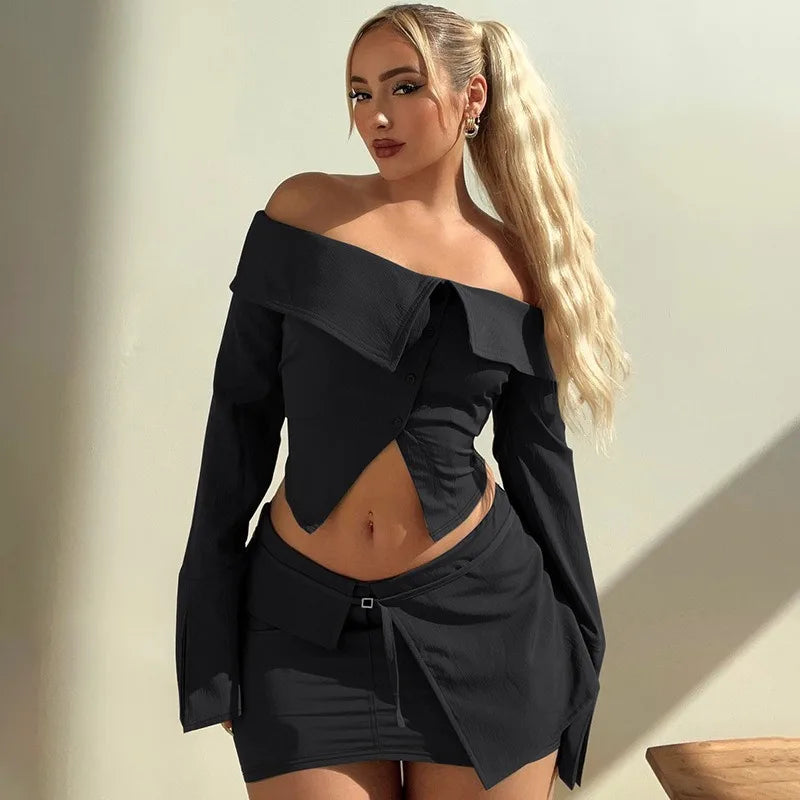 maoxiangshop  -  Women's Short Skirt 2-piece Fall Solid Cardigan Button Short Long Sleeve Top Slim Skirt Set Sexy Street Female Skirt Set