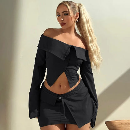 maoxiangshop  -  Women's Short Skirt 2-piece Fall Solid Cardigan Button Short Long Sleeve Top Slim Skirt Set Sexy Street Female Skirt Set