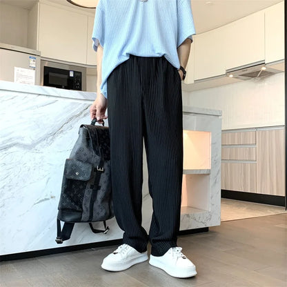 maoxiangshop Summer Pleated Pants Men Fashion Oversized Ice Silk Pants Men Japanese Streetwear Loose Straight Pants Mens Casual Trousers