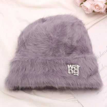 maoxiangshop New Fashion Rabbit Fur Y2k Beanies for Women Soft Warm Fluffy Angola Winter Hat Female Windproof Bonnet Hat Skullies Cap