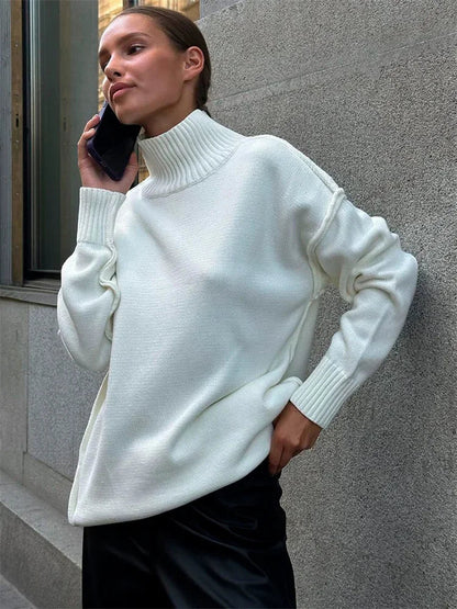 maoxiangshop  -  Winter Knit Turtleneck Pullover Female Clothes Loose Casual Ribbed Patchwork Long Sleeve Oversized Sweater Women Knitwear New