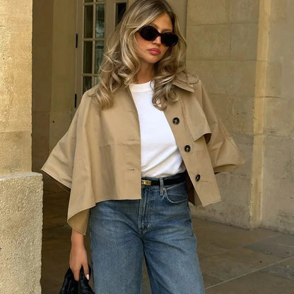 maoxiangshop  -  Khaki Lapel Short Cape Jacket Women Casual Single Breasted Mid Length Sleeve Coat 2024 Autumn Lady Fashion Street Warm Outerwear