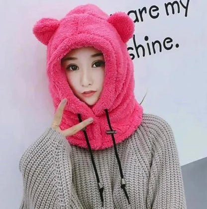 maoxiangshop Cute Winter Earflaps Plush Bear Ears Hats adult Warm Mask for Outdoor Women Bonnet Hood