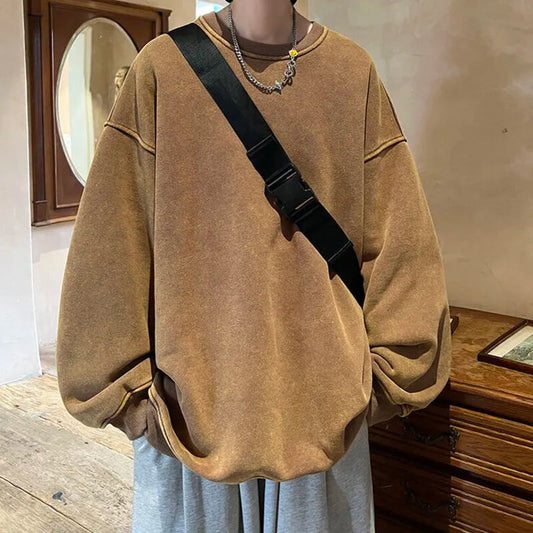 maoxiangshop American Washed Old Pullovers Sweatshirts Men Loose Solid Color Autumn Large Size Warm O Neck Tops Hip Hop Y2k Sweatshirt