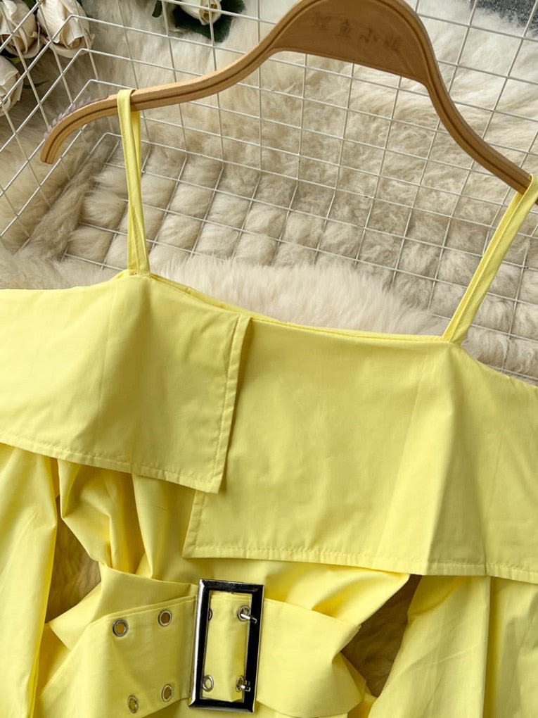 maoxiangshop New Fashion Women Spring Summer Yellow Shirt Sexy Spaghetti Strap Slash Neck Off Shoulder Long Sleeve Blouse with Belt