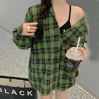 maoxiangshop Checkered Shirt Grunge Women's Oversized Green Long Sleeve Collared Button Up Plaid Shirt for Women