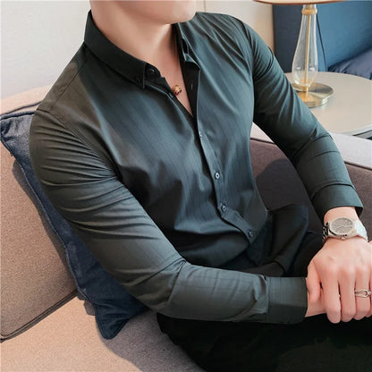 maoxiangshop British Style Men Long Sleeved Shirt Autumn Anti-wrinkle Soft Solid Casual Elastic Slim Fit Camisas Y Blusas Men Clothing