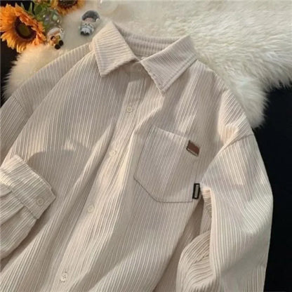maoxiangshop Korean Fashion Long Sleeve Corduroy Sweatshirts Men Clothing Retro Spring and Autumn Casual Turn Down Collar Shirts