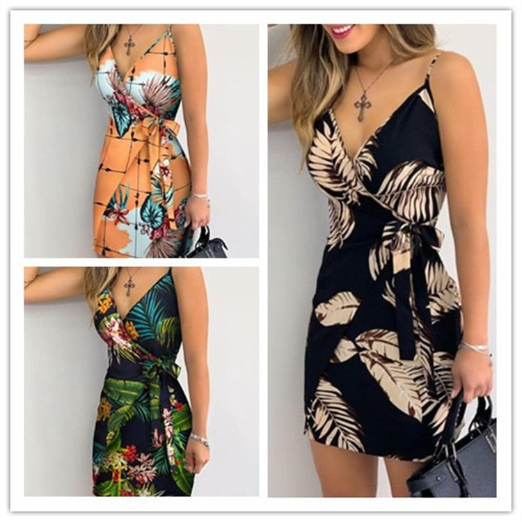 Summer New V-Neck Print Lace Up Wrap Sexy Dress for Women