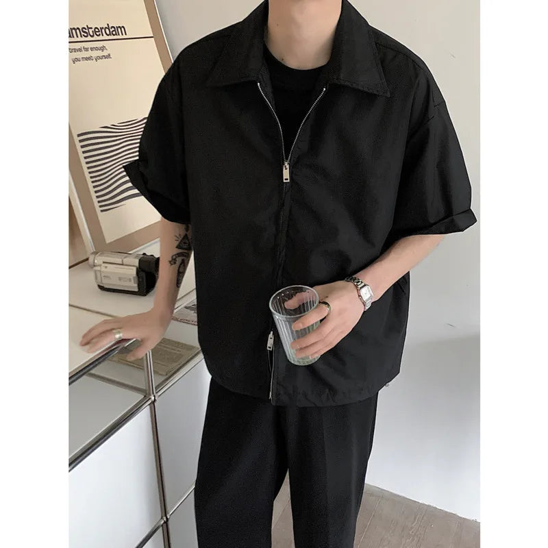 maoxiangshop Summer Short Sleeved Shirt Men Fashion Oversized Zip Shirt Men Korean Loose Black White Dres Shirts Mens Ice Silk Shirt M-2XL