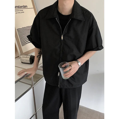 maoxiangshop Summer Short Sleeved Shirt Men Fashion Oversized Zip Shirt Men Korean Loose Black White Dres Shirts Mens Ice Silk Shirt M-2XL