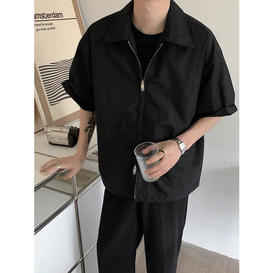 maoxiangshop Summer Short Sleeved Shirt Men Fashion Oversized Zip Shirt Men Korean Loose Black White Dres Shirts Mens Ice Silk Shirt M-2XL