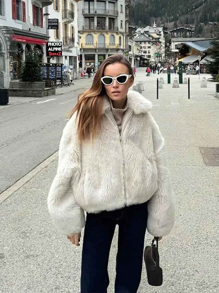 maoxiangshop  -  Warm Thick Zipper Lapel Pocket Faux Fox Fur Coat Women's Long Sleeved Fluffy Jacket 2024 Winter Lady High Street Outercoat