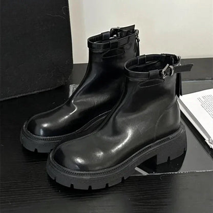 maoxiangshop  -  Autumn Winter Chunky Platform Boots Women Soft Leather Stretch Ankle Boots Fashion Belt Buckle Back Zip Design Knight Boots