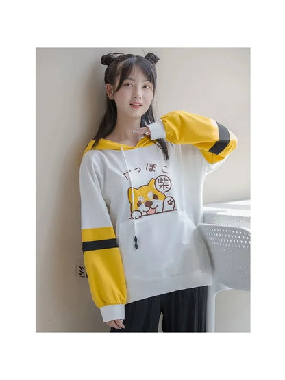maoxiangshop Women Cotton Hoodies And Sweatshirt Cartoon Dog Embroidery Patchwork Hooded Pullover For Sweet Style Girl Drawstring Tracksuits