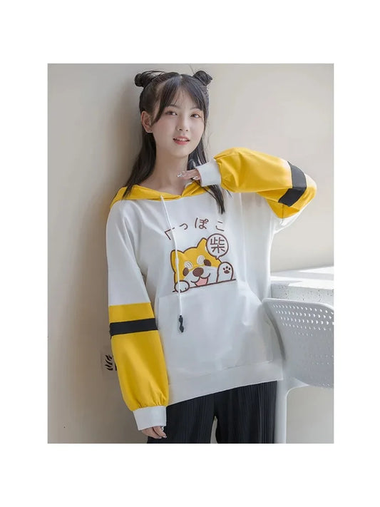 maoxiangshop Women Cotton Hoodies And Sweatshirt Cartoon Dog Embroidery Patchwork Hooded Pullover For Sweet Style Girl Drawstring Tracksuits