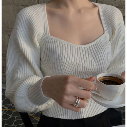 maoxiangshop Women Casual Office Sweaters Square Collar Solid Elegant Sweater Lantern Long Sleeve Knit Jumpers Women Fall Winter