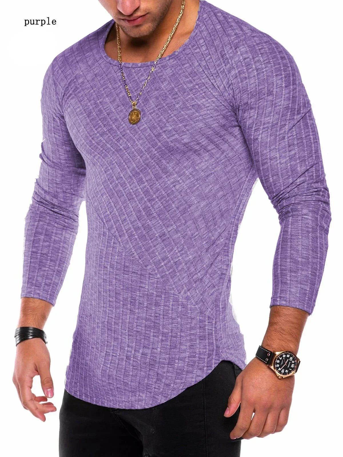 maoxiangshop New Pit Strip Solid Color Stitching Arc Bottom Bottom Shirt Round Neck Men's T-shirt