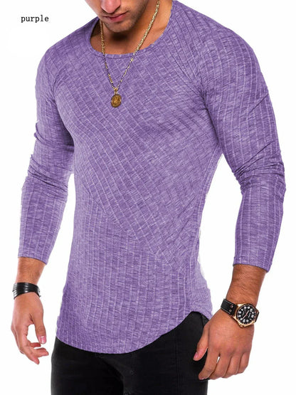 maoxiangshop New Pit Strip Solid Color Stitching Arc Bottom Bottom Shirt Round Neck Men's T-shirt