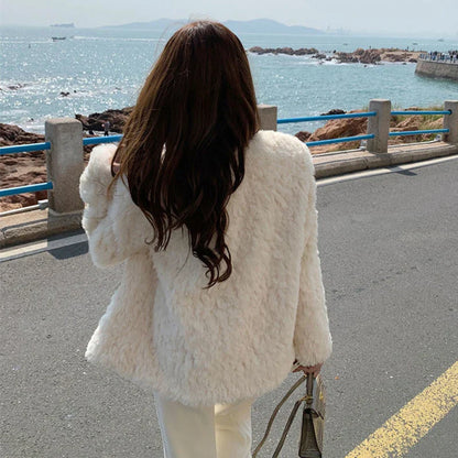 maoxiangshop Autumn Winter Women's Lamb Wool Jacket Korean Style Streetwear O-Neck Faux Fur Coat Woman Warm Thick Furry Fluffy Coat