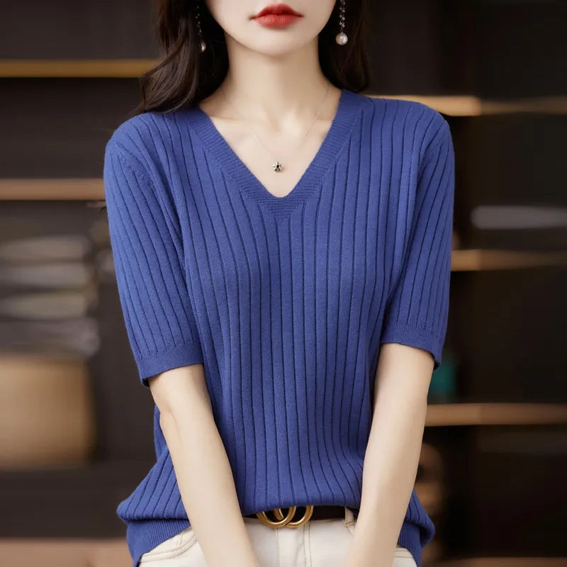 Women Sweater Short Sleeve V-neck Stripe Knitwears Slim Fit Shirt Korean Fashion Pullovers Thin Knit Tops 2023 Bottoming Shirts