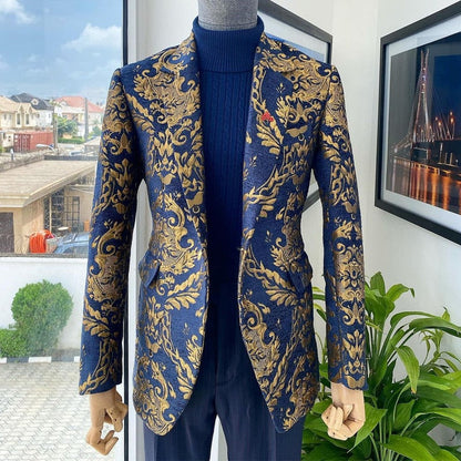 maoxiangshop Floral African Men Suits for Wedding Jacquard Slim Fit Navy Blue Groom Tuxedo 2 Piece Custom Jacket with Pants Male Clothes