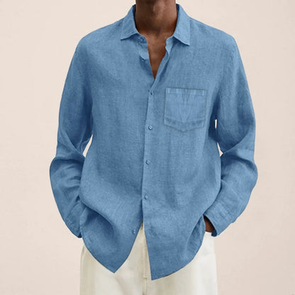 maoxiangshop Male Summer Cotton Linen Solid Casual Plus Size Loose Shirt Mens Turn Down Long Sleeve Shirt