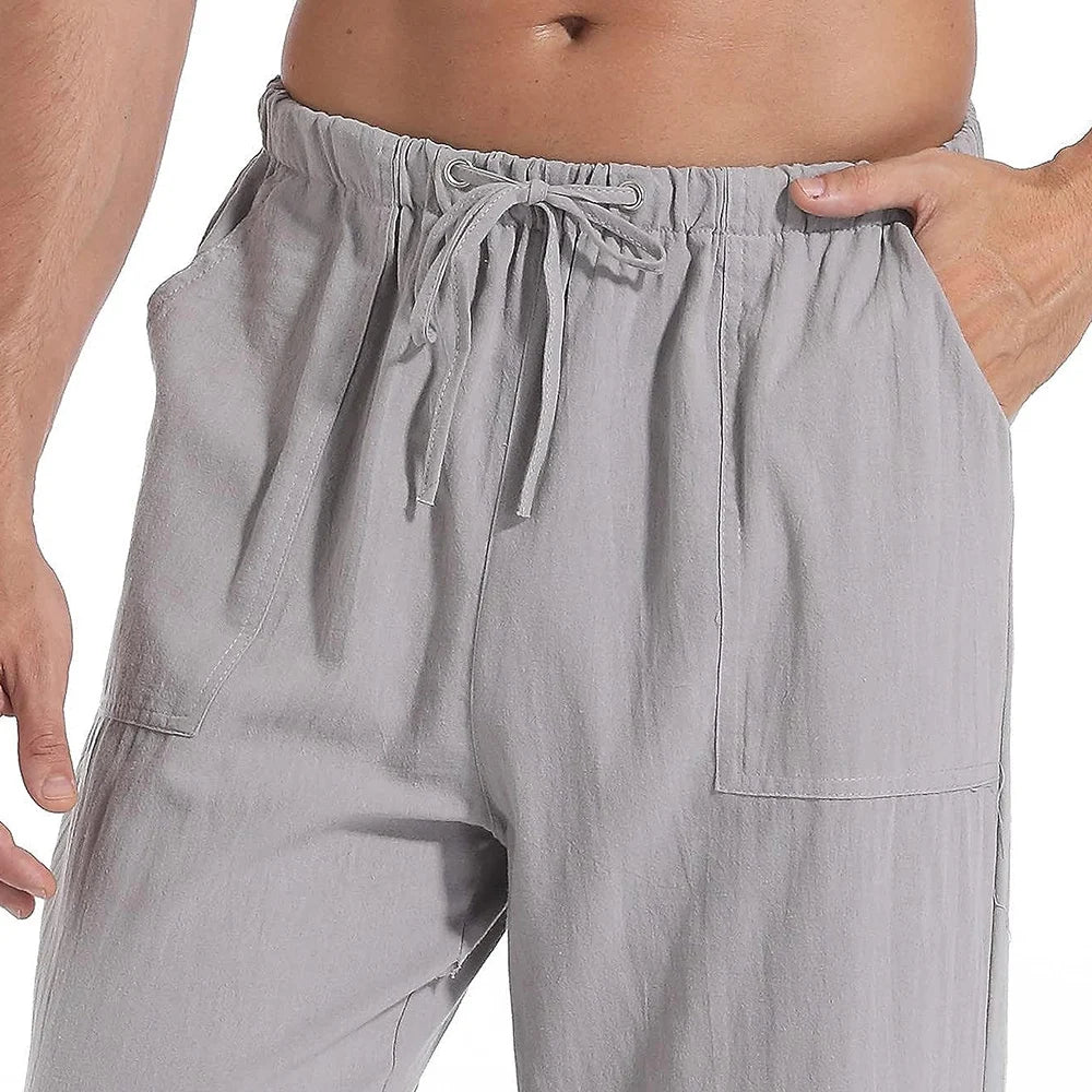 maoxiangshop New Men's Casual Linen Pants Solid Color Breathable Yoga Cotton Trousers Male Casual Elastic Waist Drawstring Fitness Pants