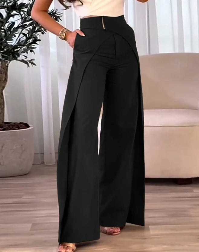 maoxiangshop New Fashion Women's Pants Elegant High Waist Overlap Asymmetrical Wide Leg Pants Female Trouser Casual Bottom