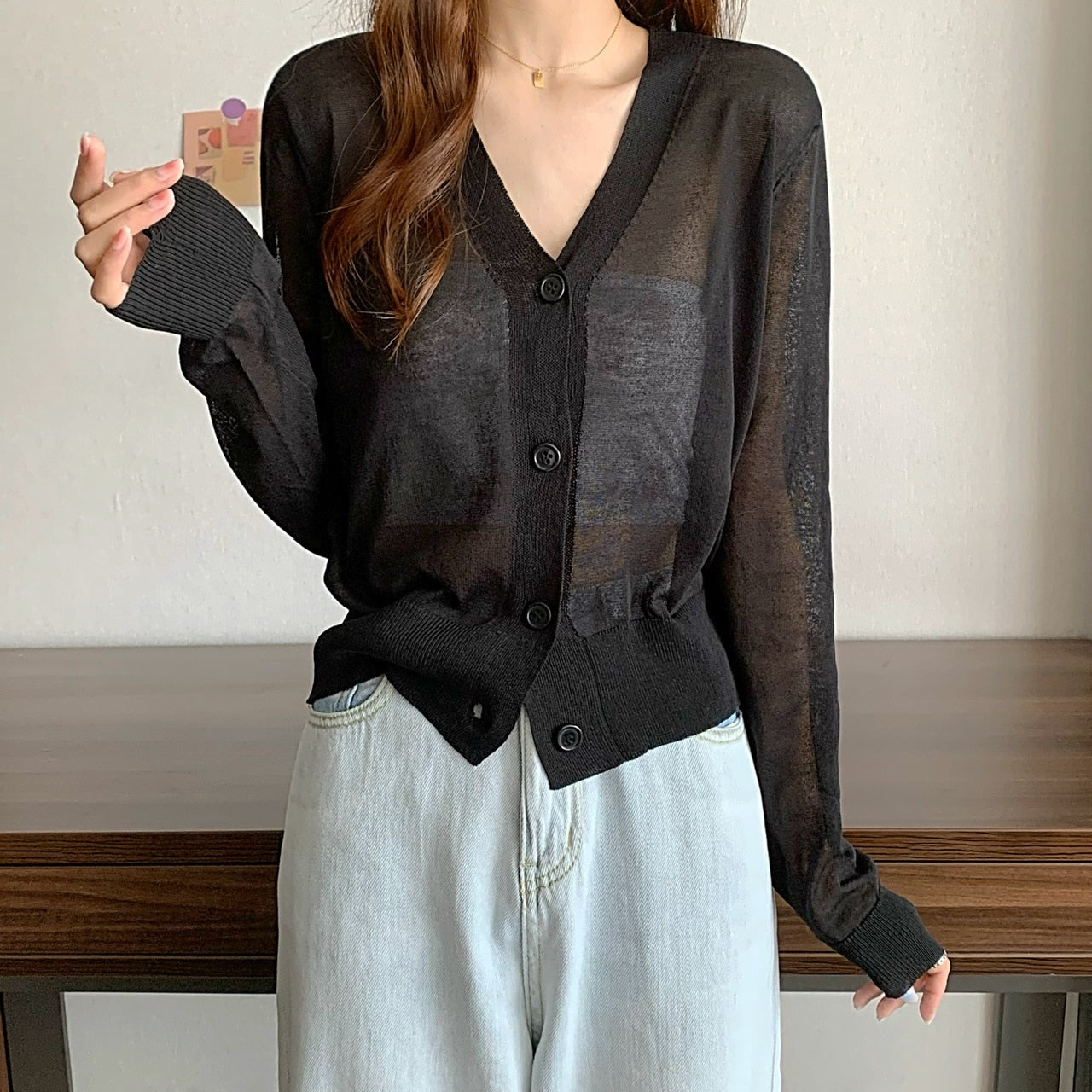 maoxiangshop Summer V Neck Cardigan Women Casual Transparent Sweater Shirts Lady Simple Thin Solid Outwear Female Crop Top