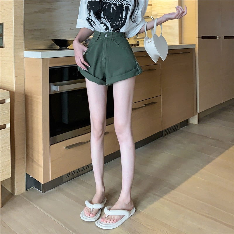 maoxiangshop Shorts Women Loose All-match Retro Green Fashion Empire Ladies Ulzzang Mujer Trouser Summer Solid Simple Student Prevalent New