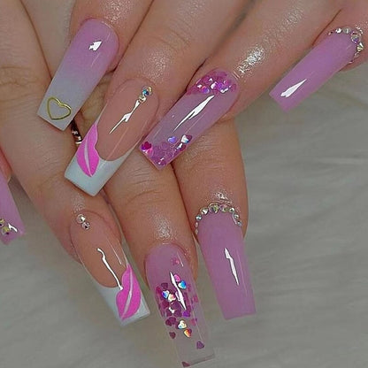 24Pcs Ballet Full Cover Fake Nails Flower Butterfly Design with Rhinestones False Nails Wearable Press on Nails Manicure Tips