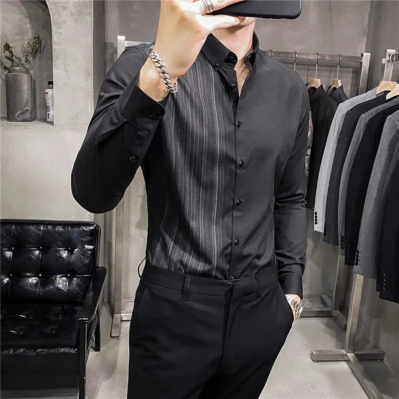 maoxiangshop Mens Shirts Autumn New Long Sleeve Stripe Dress Shirt Solid Casual Formal Wear Slim Fit Chemise Homme Camisas Men Clothing