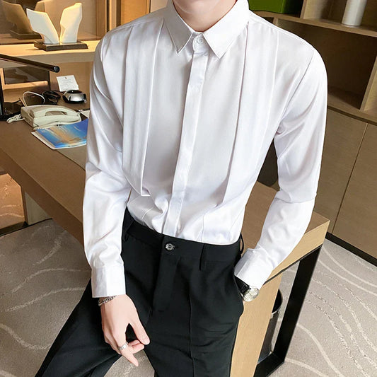 maoxiangshop British Style Fashion Fold Design Tuxedo Shirts Men Long Sleeve Slim Fit Casual Shirt Social Party Tops Plus Size 4XL 5XL