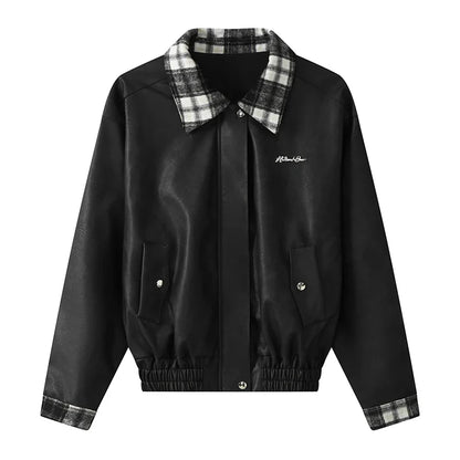 Fall Winter Women Old Money Outfits 2 Piece Set Pu Faux Leather Oversize Vintage Jacket + 2000s Plaid Gyaru Mini Pleated Skirts