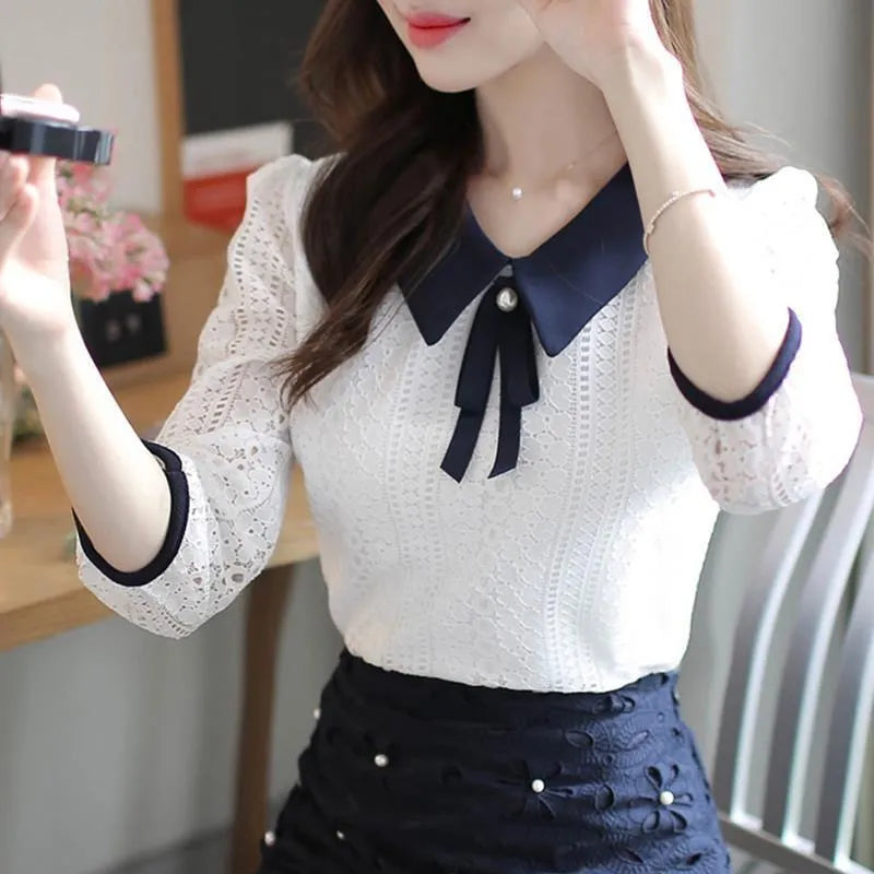 maoxiangshop Women's Spring Autumn Style Lace Blouses Shirt Women Peter Pan Collar Solid Color Half Sleeve Elegant Lace Tops SP8676