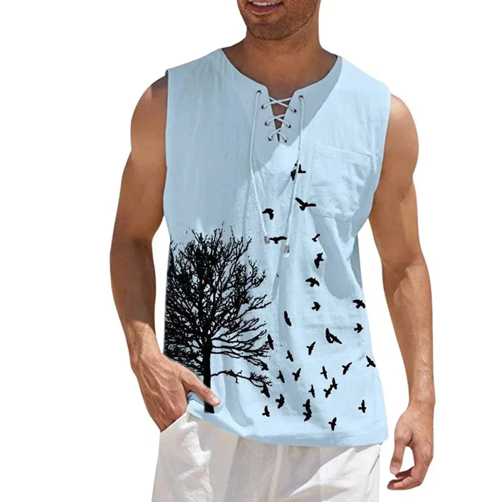 maoxiangshop Plus Size 4xl 5xl Mens Boho Tree Birds Print Shirts Summer Bandage Tops Men Sleeveless Blouse Male Pullovers Casual Shirt
